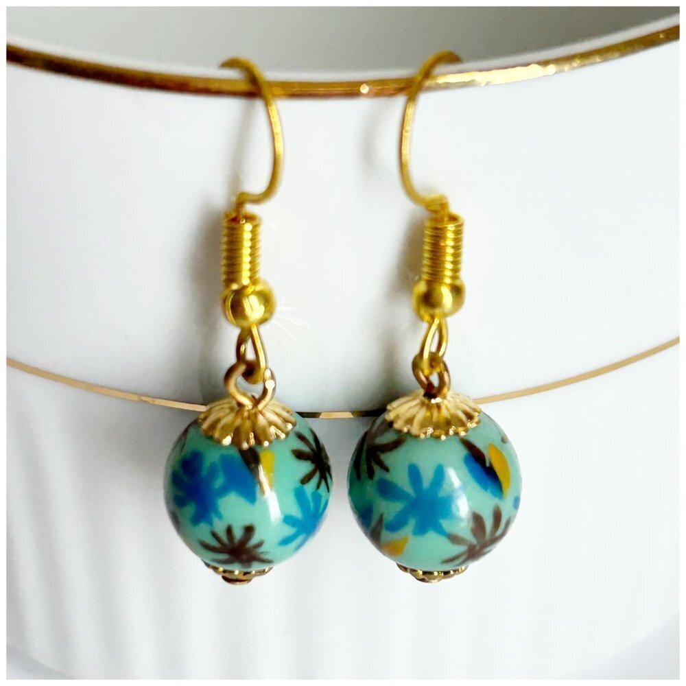 NEW Cloisonné Earrings 2 PAIRS Colorful Floral Jewelry Enamel Rhinestones Hook - Picture 3 of 7